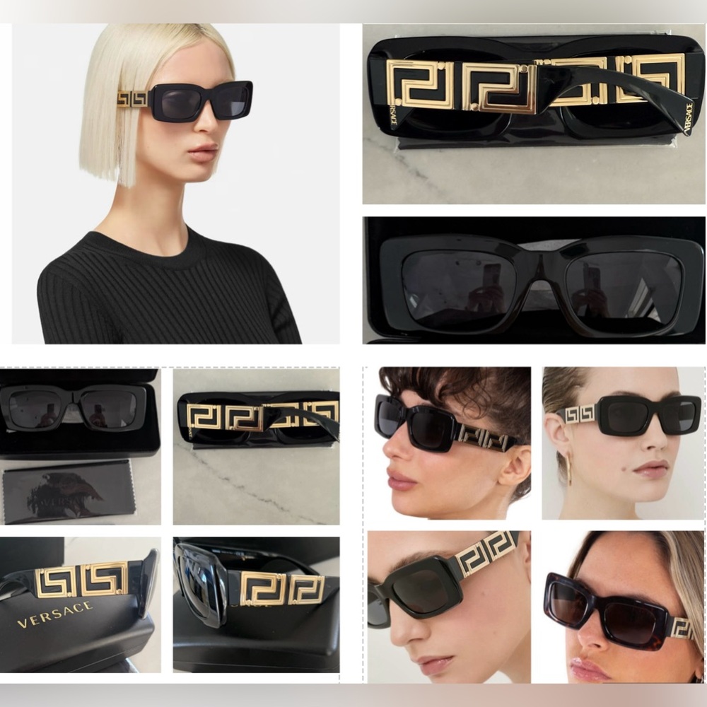 Versace Rectangular Black / Gold Sunglasses, With… - image 1